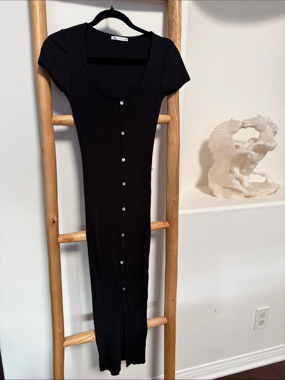 Zara Ribbed Button-Front Black Midi Dress